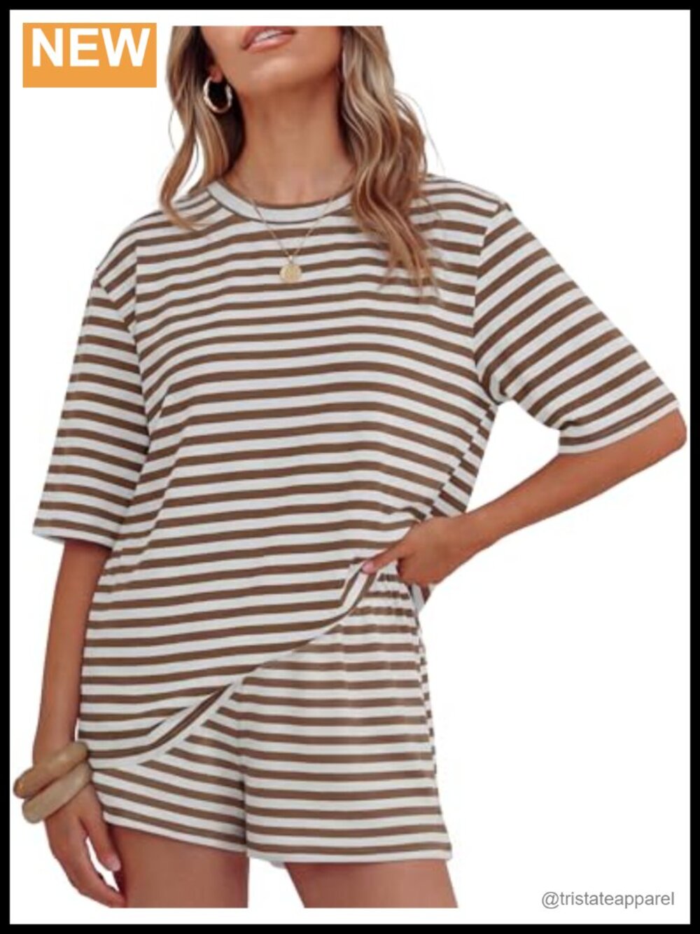 Women's Summer 2 Piece Striped Short Sleeve Top & Shorts Set Loose Fit